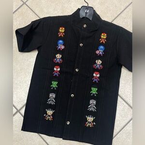 Avengers Superhero Embroidered Black Linen Boys Guayabera Button-Down Shirt
